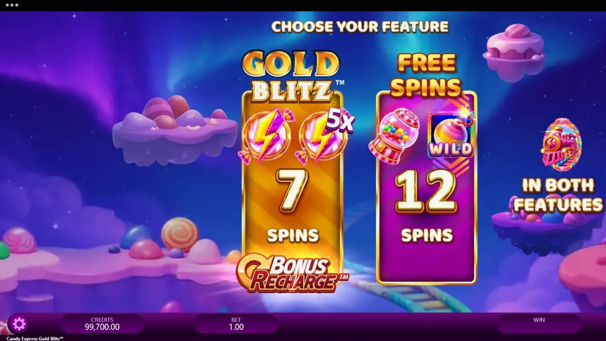 Tampilan visual mesin slot Candy Express Gold Blitz dengan tema kereta api yang dinamis