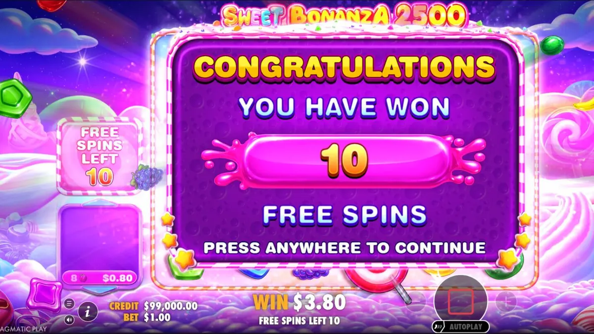Tampilan visual slot Sweet Bonanza 2500 dengan tema permen dan buah-buahan yang cerah.